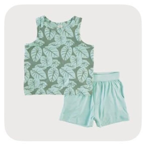 Kate Quinn Green Taro Leaf Topstitch Tank & Relaxed Short Outfit Set Size 12-18 - Picture 5 of 5